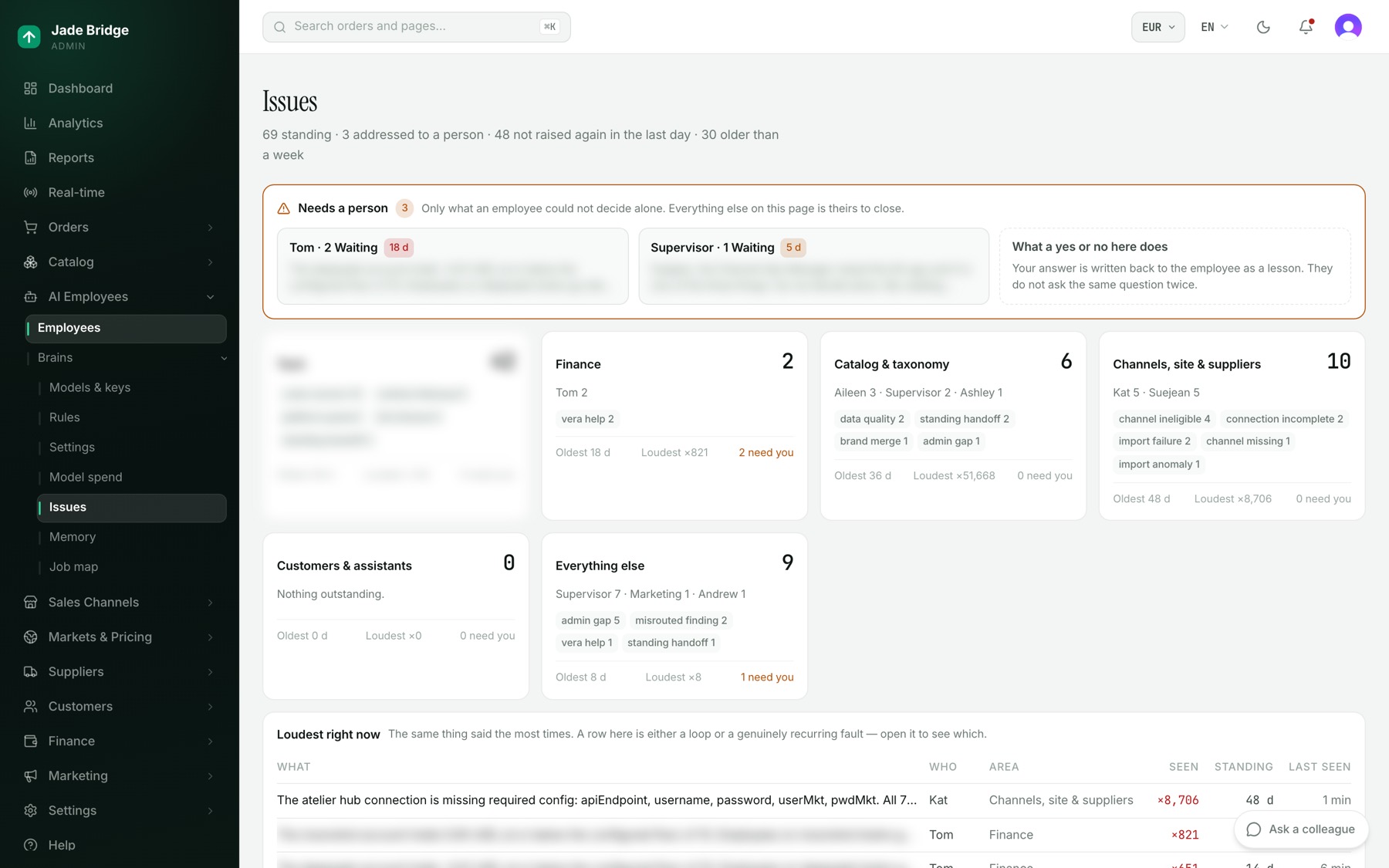 Issues, with the colleagues button in the bottom right corner. The amber band holds what needs a person.
