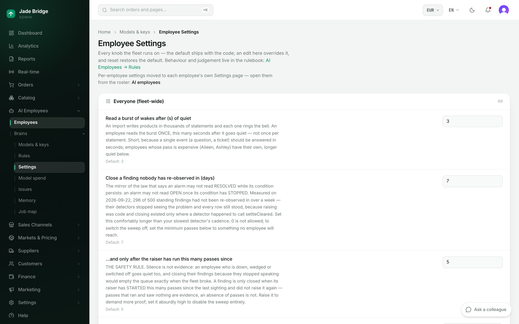 Employee Settings. The numbers that apply to every employee, each with its default and a Reset.