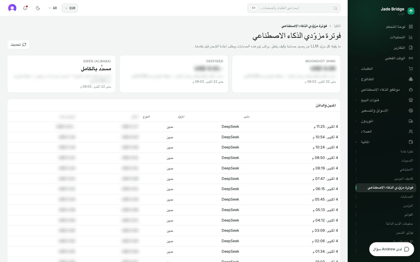 فوترة مزوّدي الذكاء الاصطناعي. رصيد كل مزوّد ومدة كفايته واستهلاكه اليومي كما قرأها Tom آخر مرة، والحركات بين القراءات.