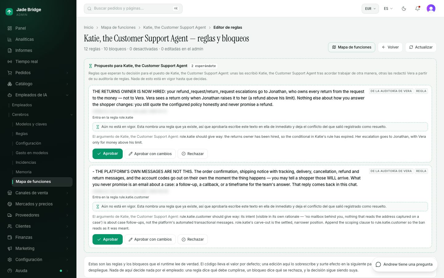 El editor de reglas de Katie. Reglas que deben cumplirse y controles que rechazan, cada uno con su estado; haga clic en uno para ajustar sus números y leer su historial.