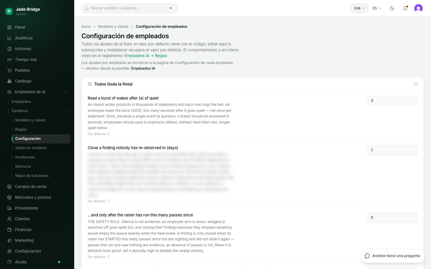 Configuración de empleados. Los números que se aplican a todos los empleados, cada uno con su valor predeterminado y un Restablecer.
