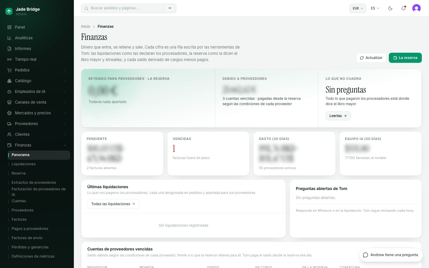 El panorama de Finanzas. La franja muestra lo que se retiene para proveedores, lo que se les debe y cuántas preguntas de Tom están abiertas.
