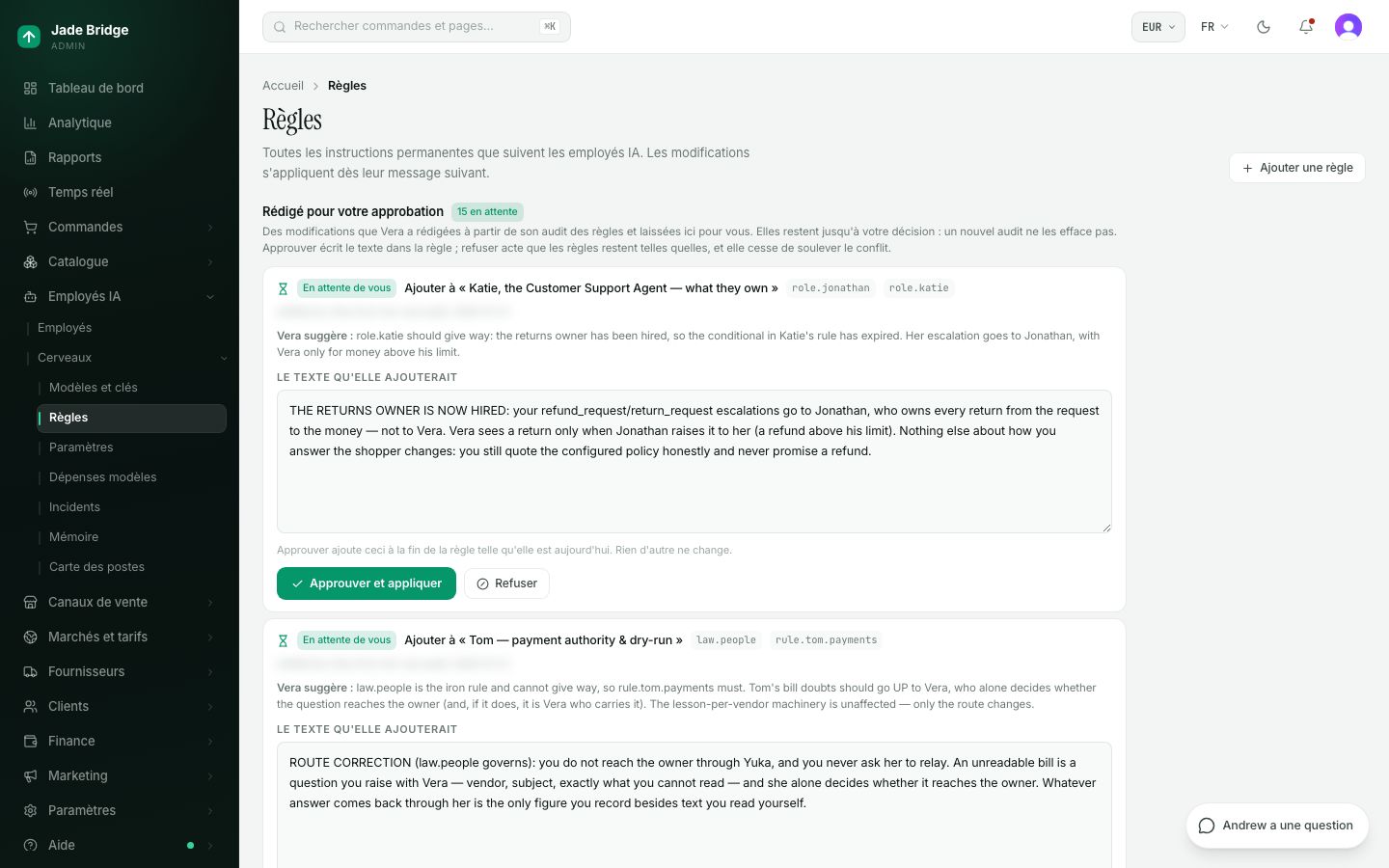 La page Règles. Les brouillons et constats de Vera en haut, puis les règles d'airain, les règles de conversation, ce dont chaque employé est responsable et vos propres règles.