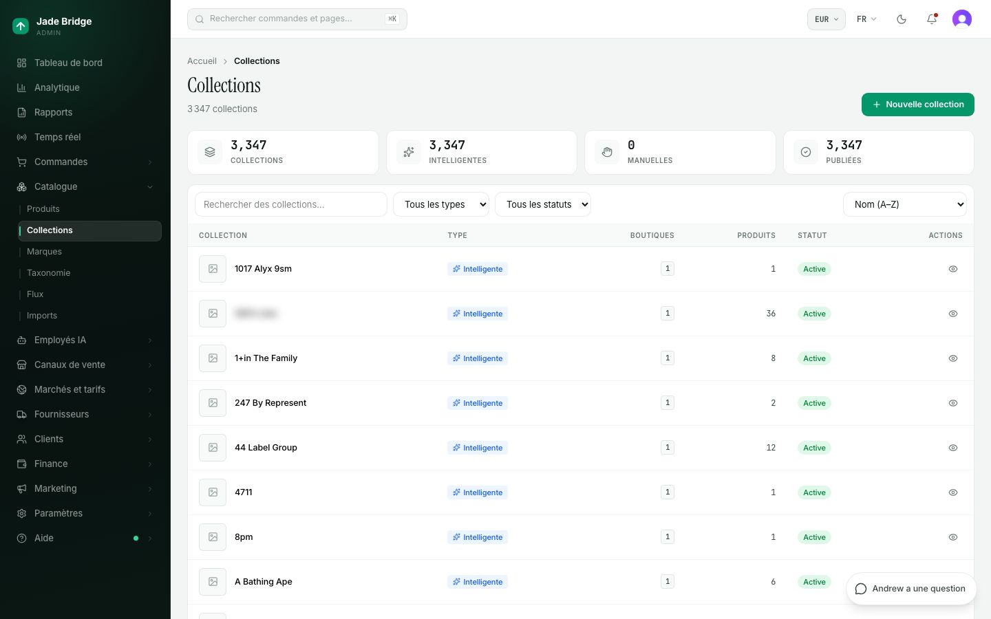 La liste des collections. Les collections intelligentes se remplissent d'après des règles ; les manuelles contiennent les produits que vous choisissez.