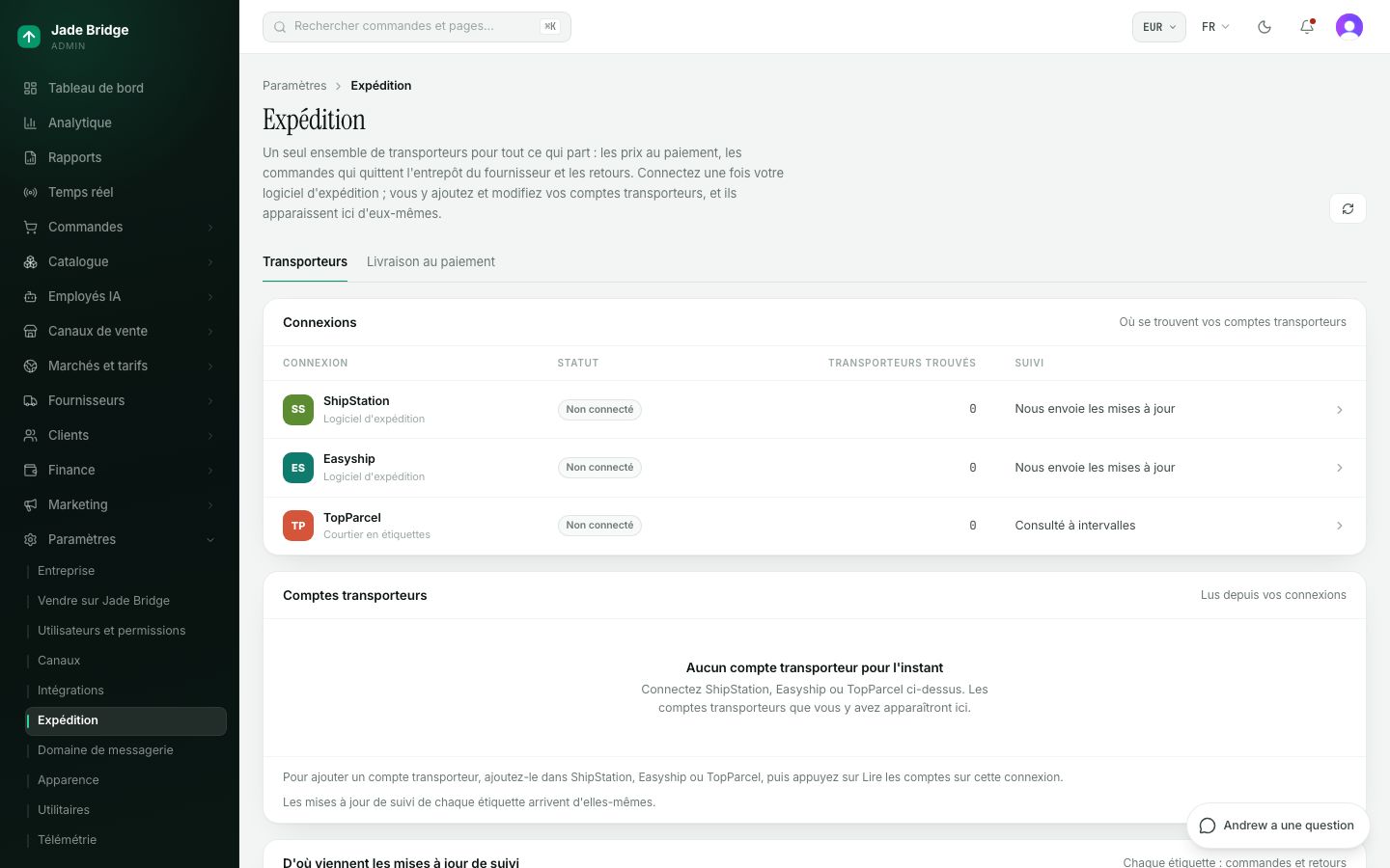 Expédition → Transporteurs. Votre logiciel d'expédition, les comptes transporteurs qui en sont lus, et l'usage de chaque compte.