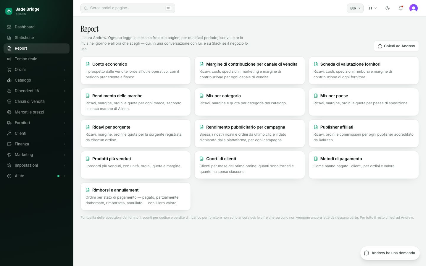 Report. Il catalogo di Andrew, le tue iscrizioni in alto, e Chiedi ad Andrew per tutto ciò che manca.