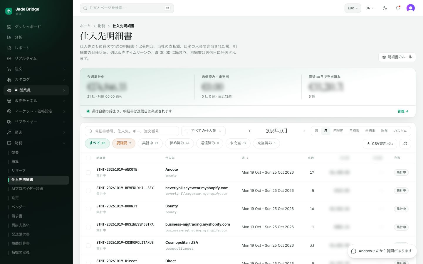 管理画面の週次サプライヤー明細