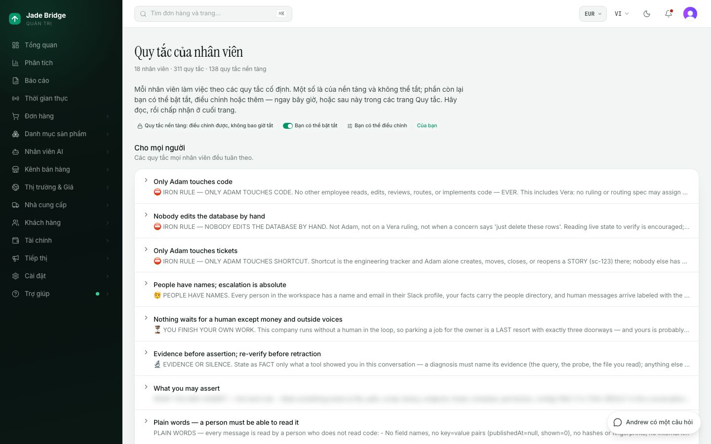 Quy tắc của nhân viên. Mọi thứ trên một trang, theo từng nhân viên, với các công tắc, nút Điều chỉnh, quy tắc của riêng bạn và nút chấp nhận ở cuối trang.