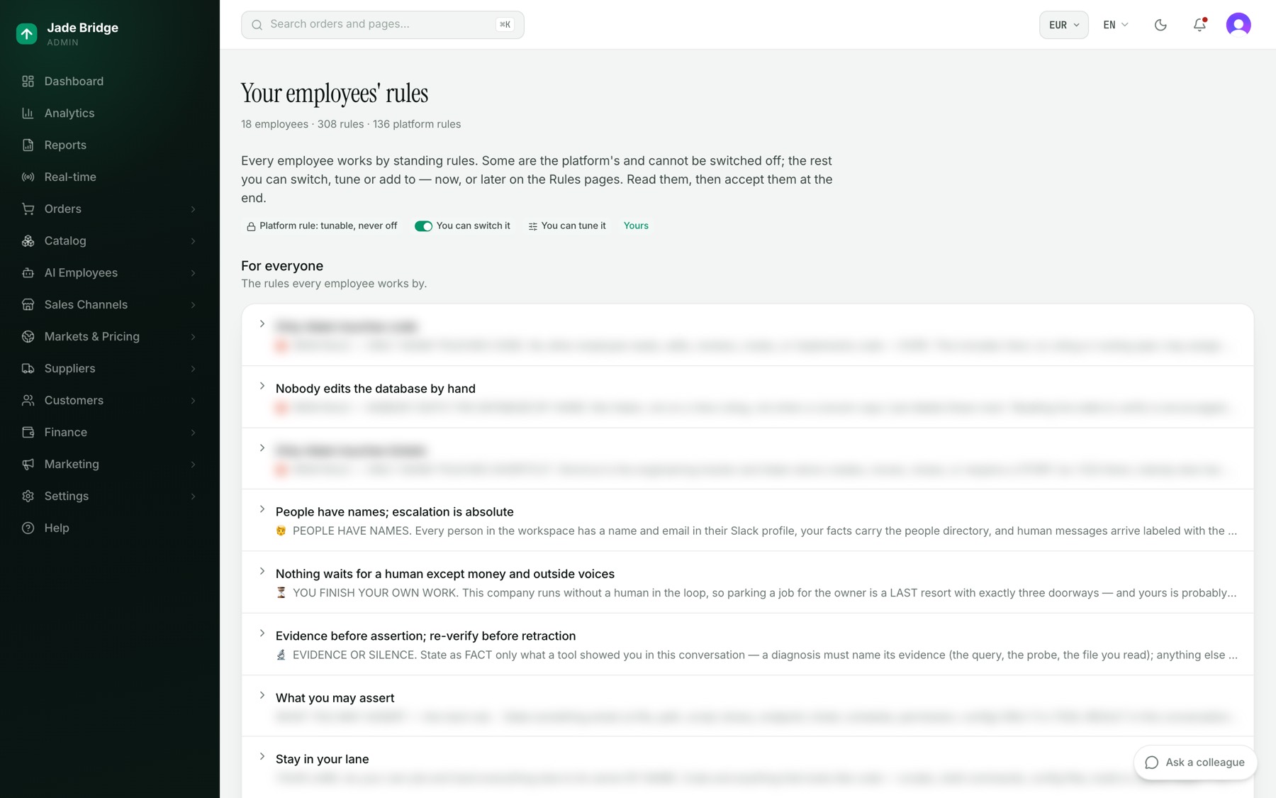 Your employees' rules. Everything on one page, by employee, with the switches, the Tune buttons, your own rules and the accept button at the foot.