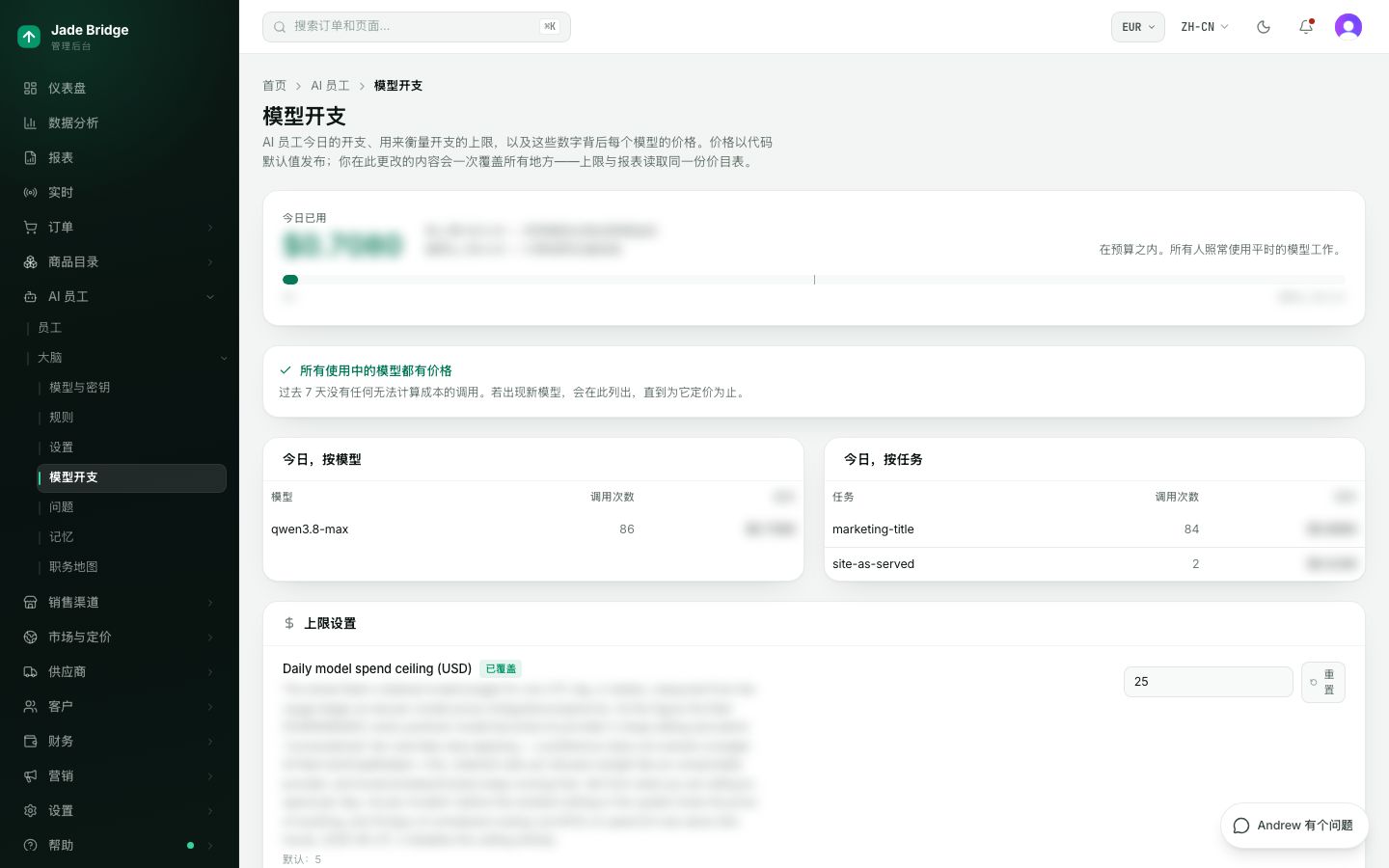 模型开支。今天的开支对照软上限和硬停止、花在了哪里、各项上限、更便宜的替代模型,以及每个模型的价格。