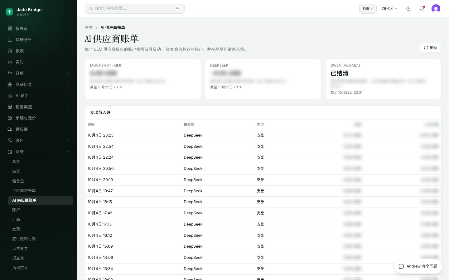 AI 供应商账单。Tom 最近一次读取的每家提供商的余额、可用天数和日耗,以及两次读取之间的变动。