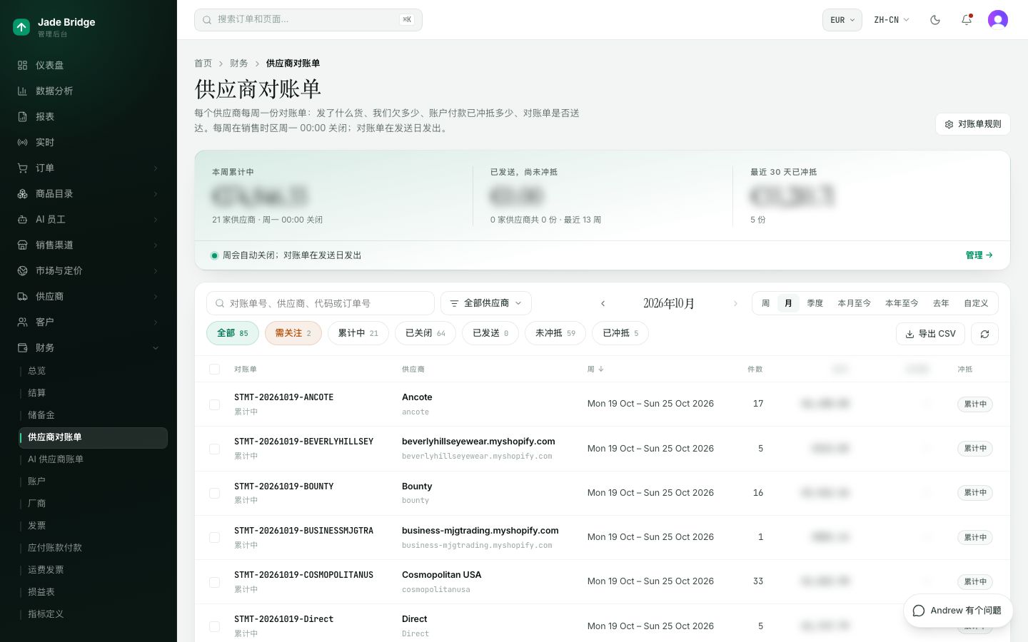 后台的每周供应商结算单