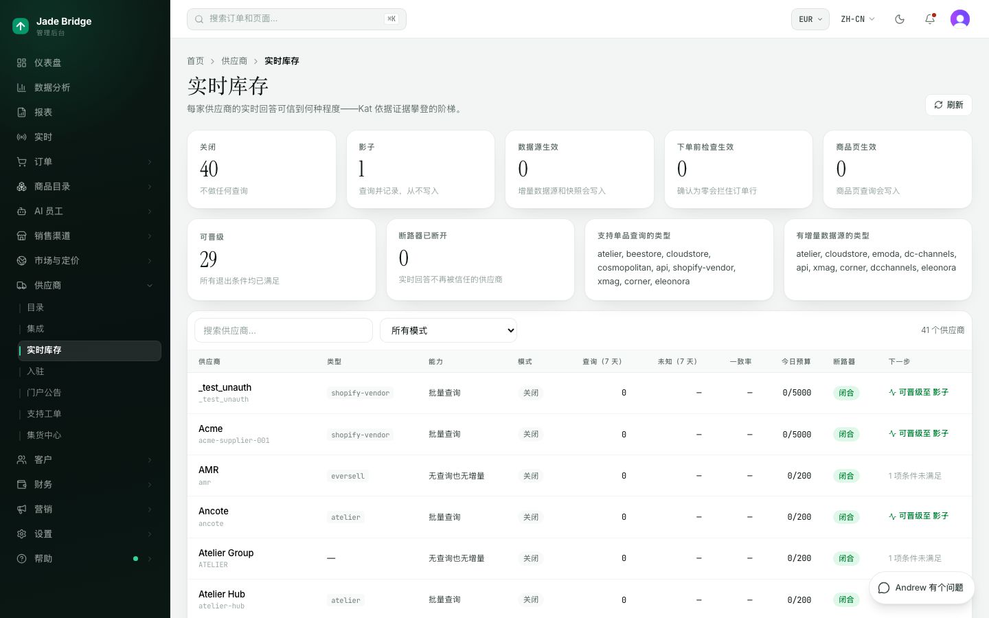 实时库存。每家供应商的实时库存应答被信任到什么程度、紧急开关,以及导入设置。