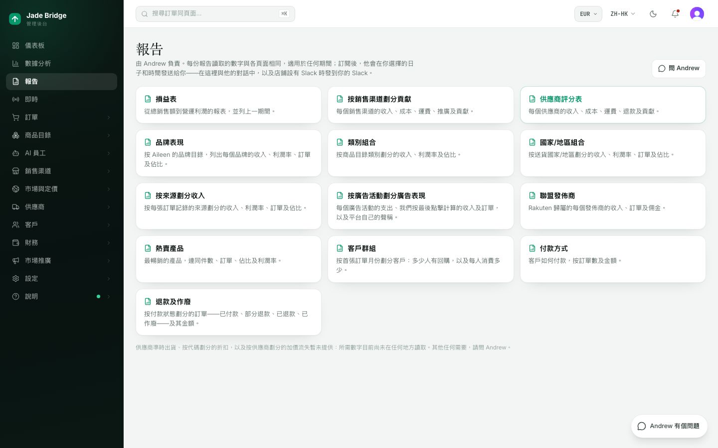 報告。Andrew 的目錄,你的訂閱在頂部,缺了甚麼可以「問 Andrew」。