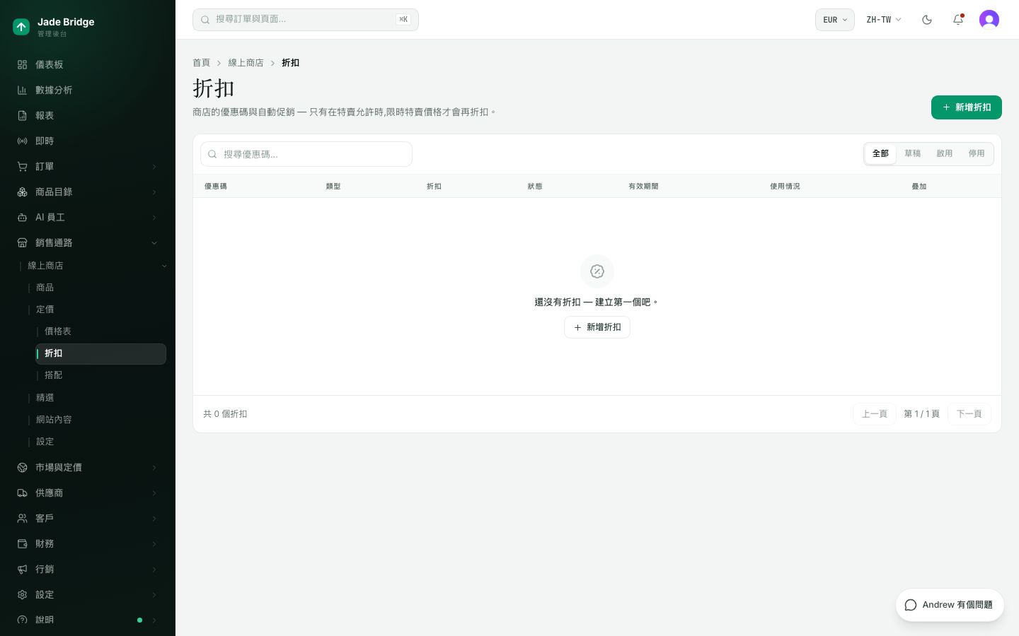 折扣。每一組折扣碼與自動促銷,依草稿、啟用與停用分頁篩選。