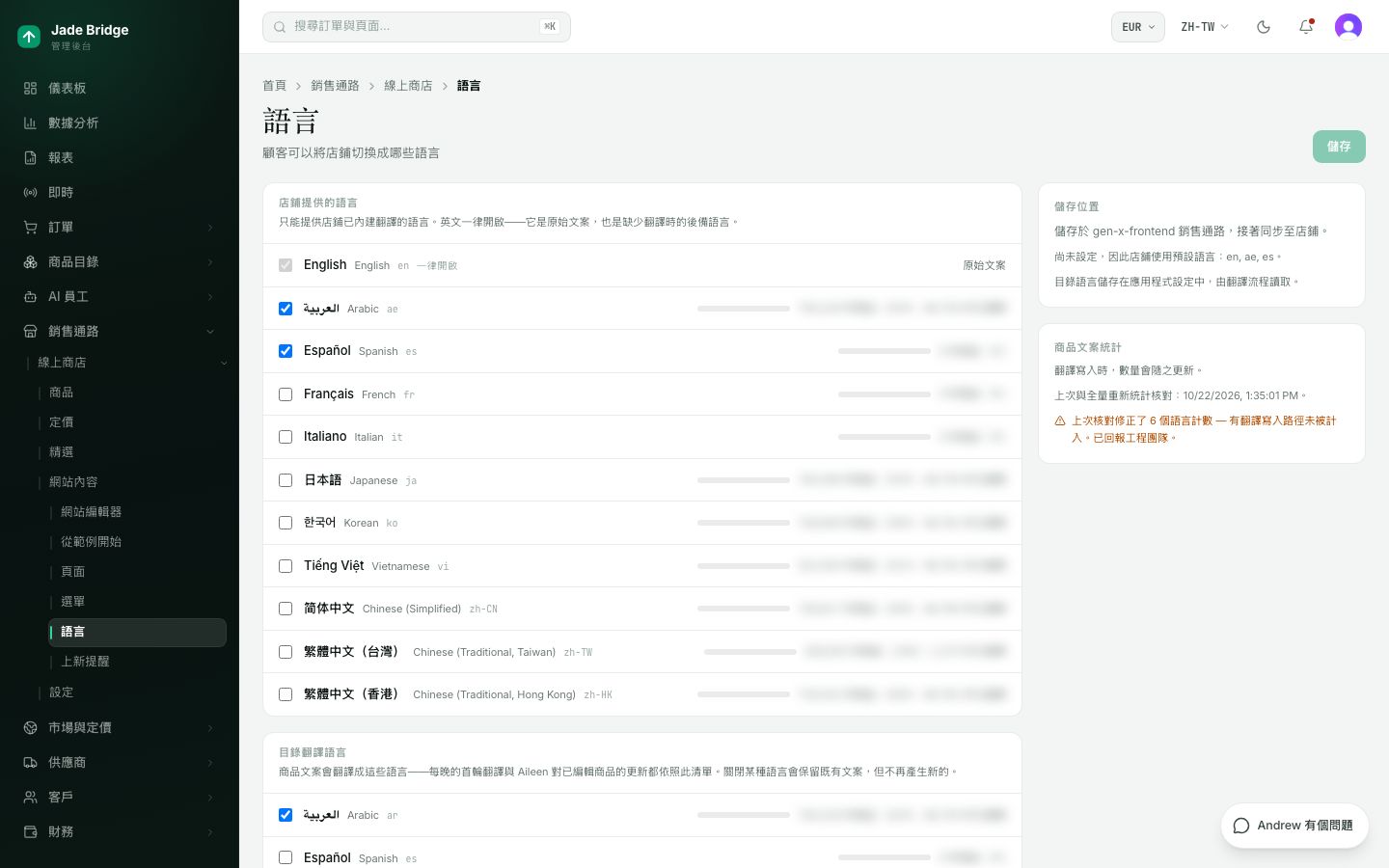 語言。顧客可以把線上商店切換成哪些語言,以及每種語言有多少商品文案。