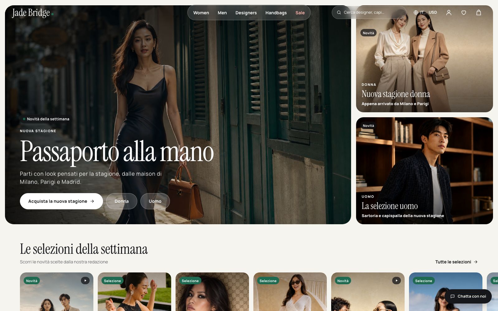 La home page della vetrina di Jade Bridge: una campagna di nuova stagione, le selezioni donna e uomo e un pulsante di chat.