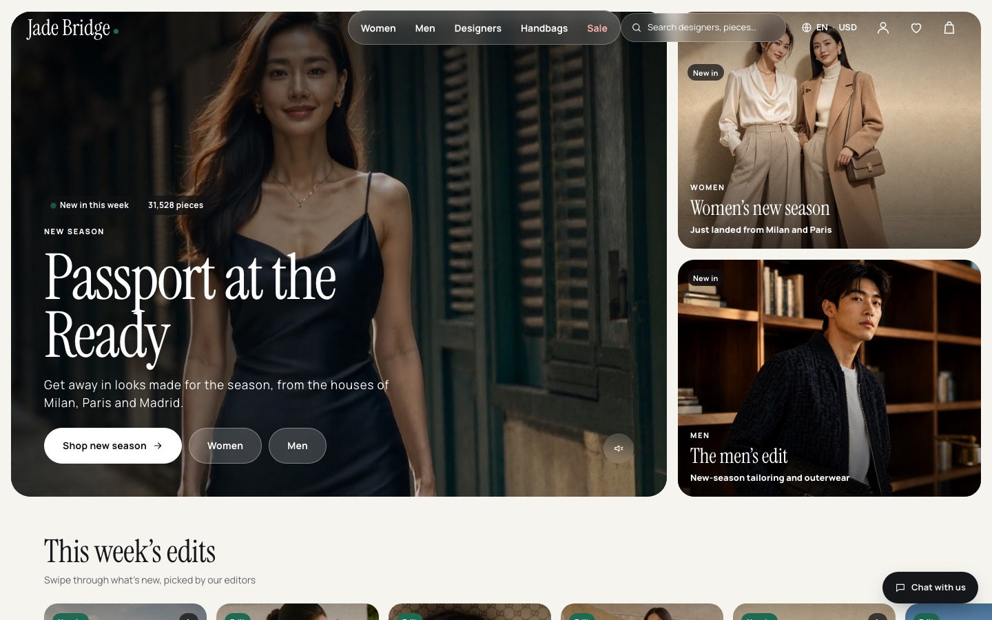 The Jade Bridge storefront home page: a new-season campaign, women's and men's edits, and a chat button.