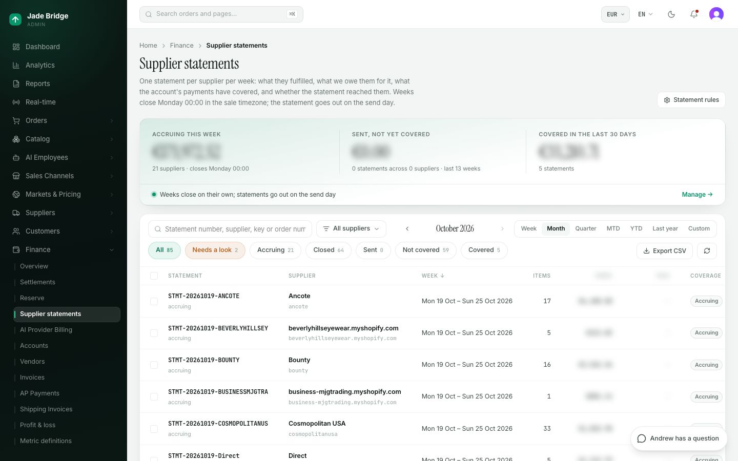 Weekly supplier statements in the admin